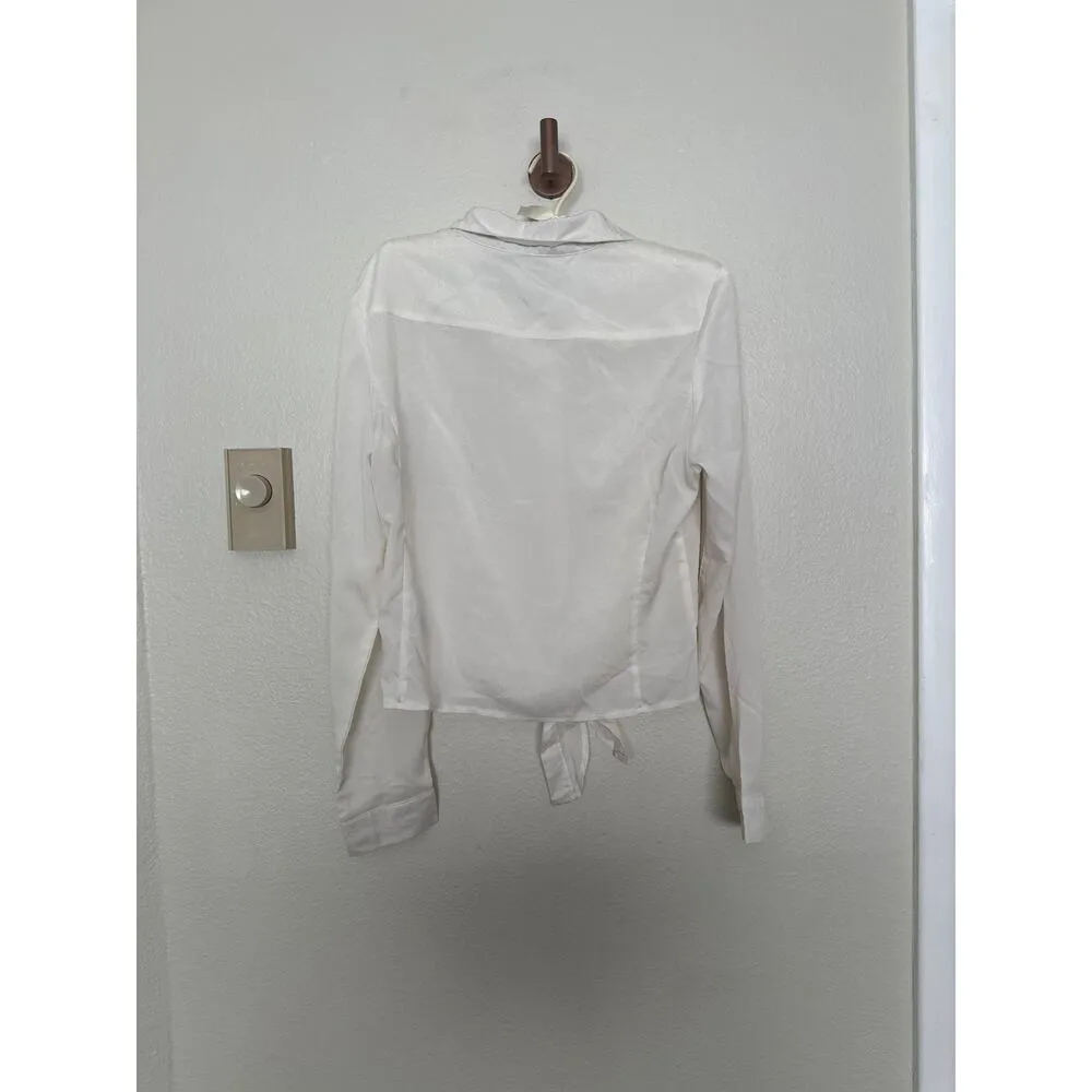 Vintage 90’s L White Button Down Satin Effect Tie Front Long Sleeve Shirt - Image 5