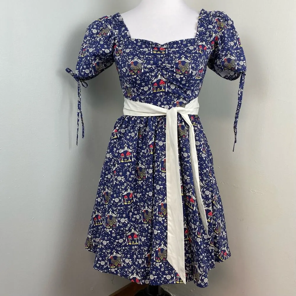 Unique Vintage Navy Dakota Flare Whimsical Botanical Mushroom Dress Small - Image 3