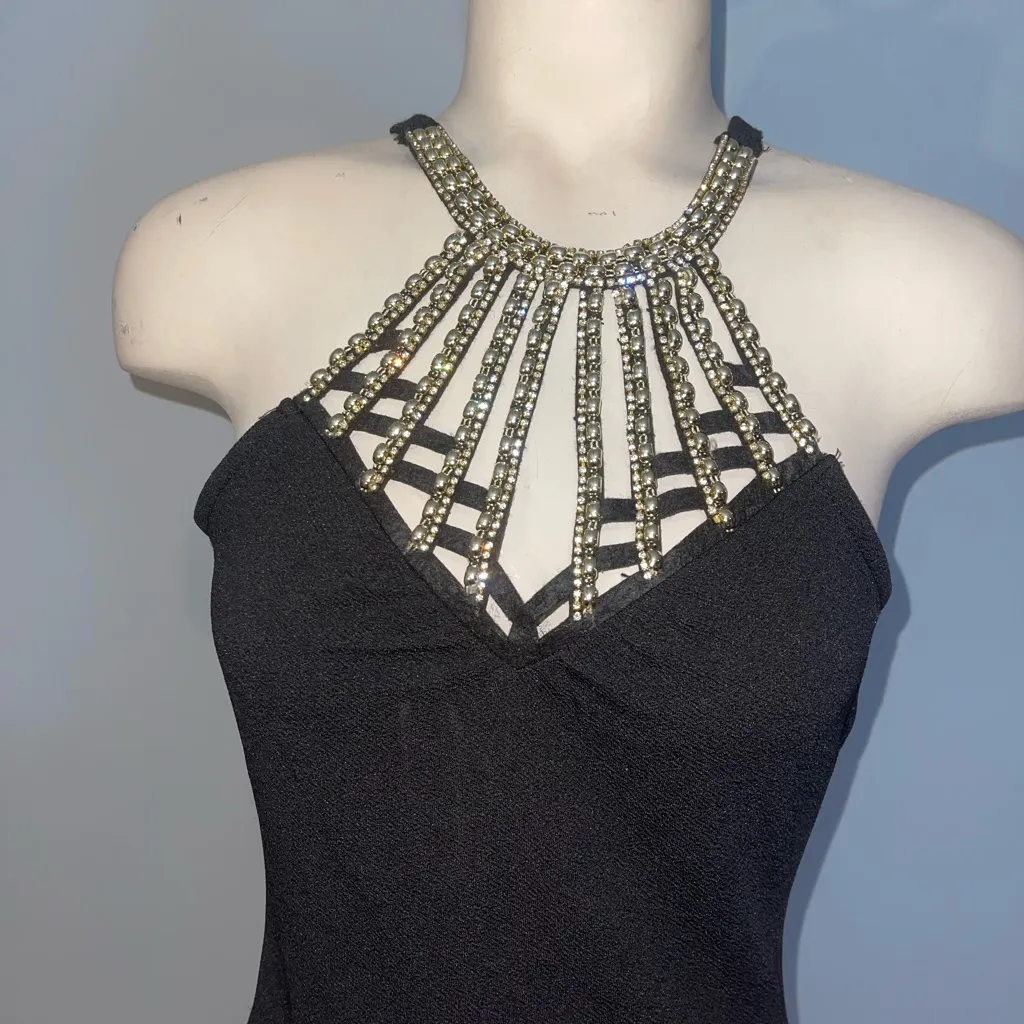 Almost Famous black halter dress gold beaded neck cocktail party holiday Medium - Image 3