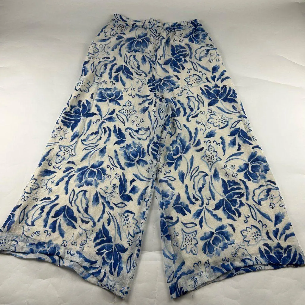 Vince Camuto Blue Cream Floral Stencil Print Crinkle Gauze Wide Leg Pant M - Image 6