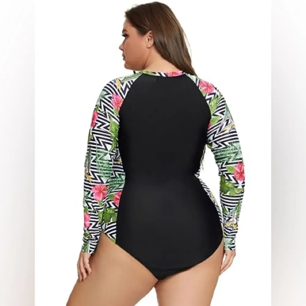 Floral Rash Guard Swimsuit Long Sleeve One Piece Rashguard Zip - Image 6