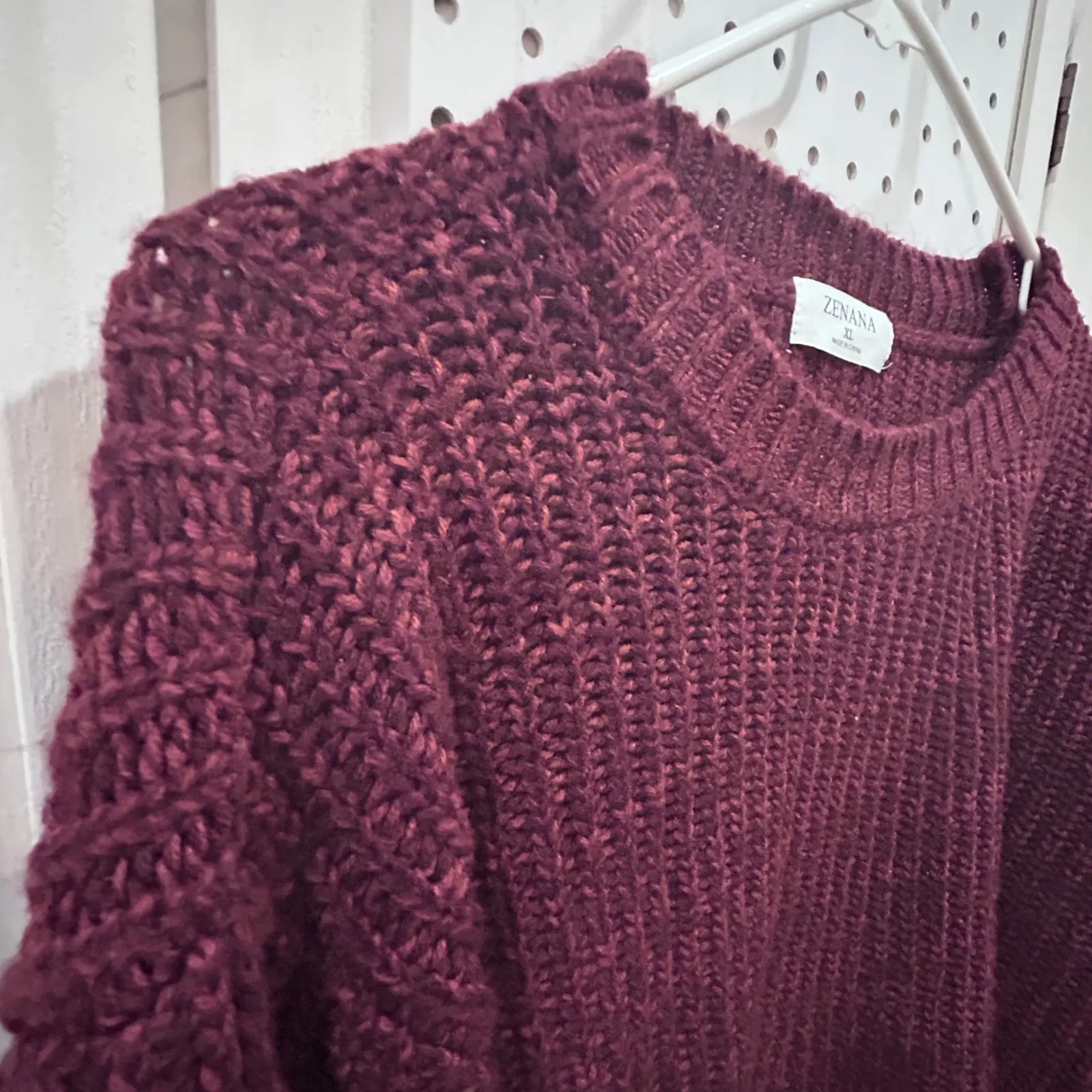 ZENANA Burgundy Chunky Knit Crew Neck Long Sleeve Sweater XL - Image 4