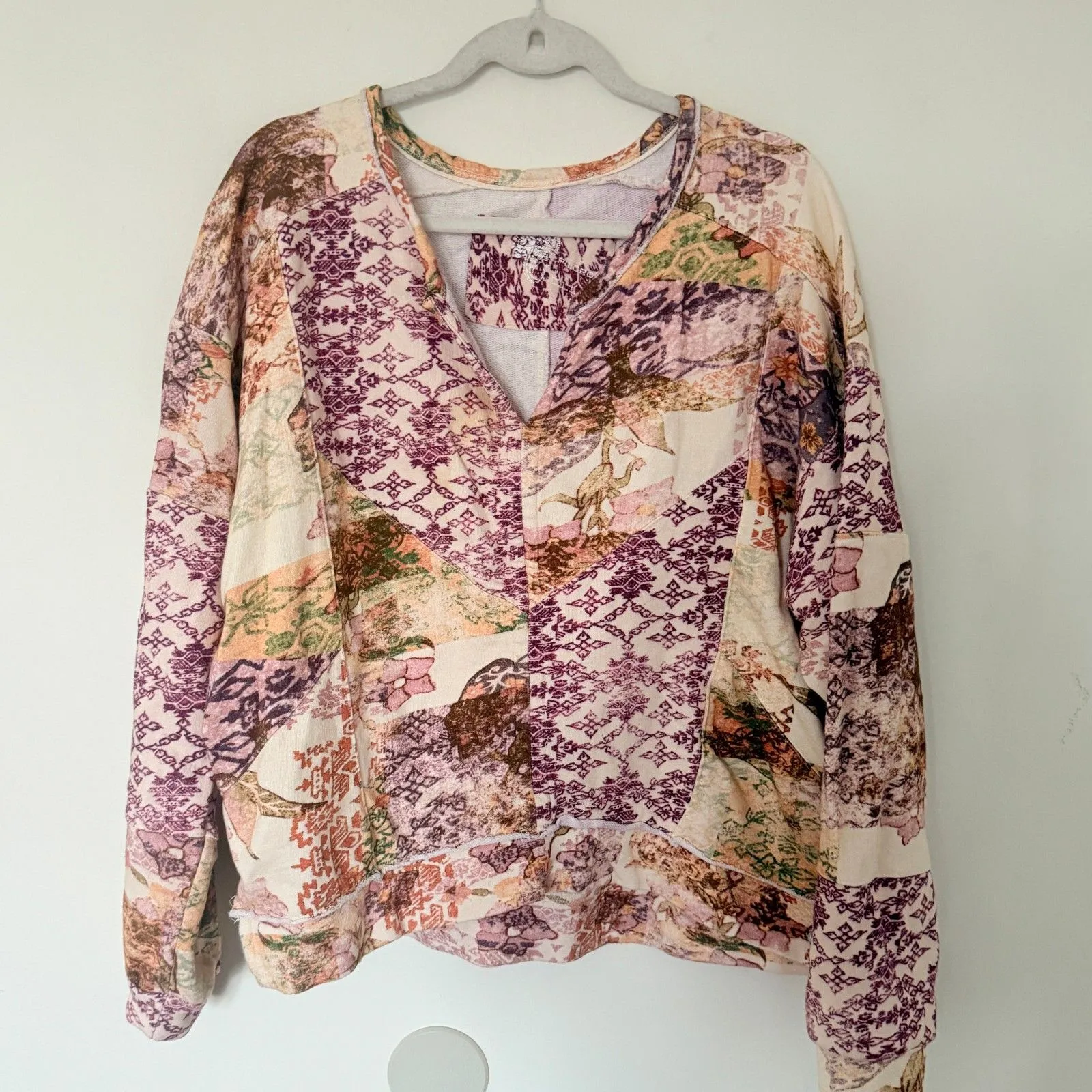 Anthropologie Pilcro Purple Floral Patchwork Notched V Neck Pullover Sweater M - Image 2