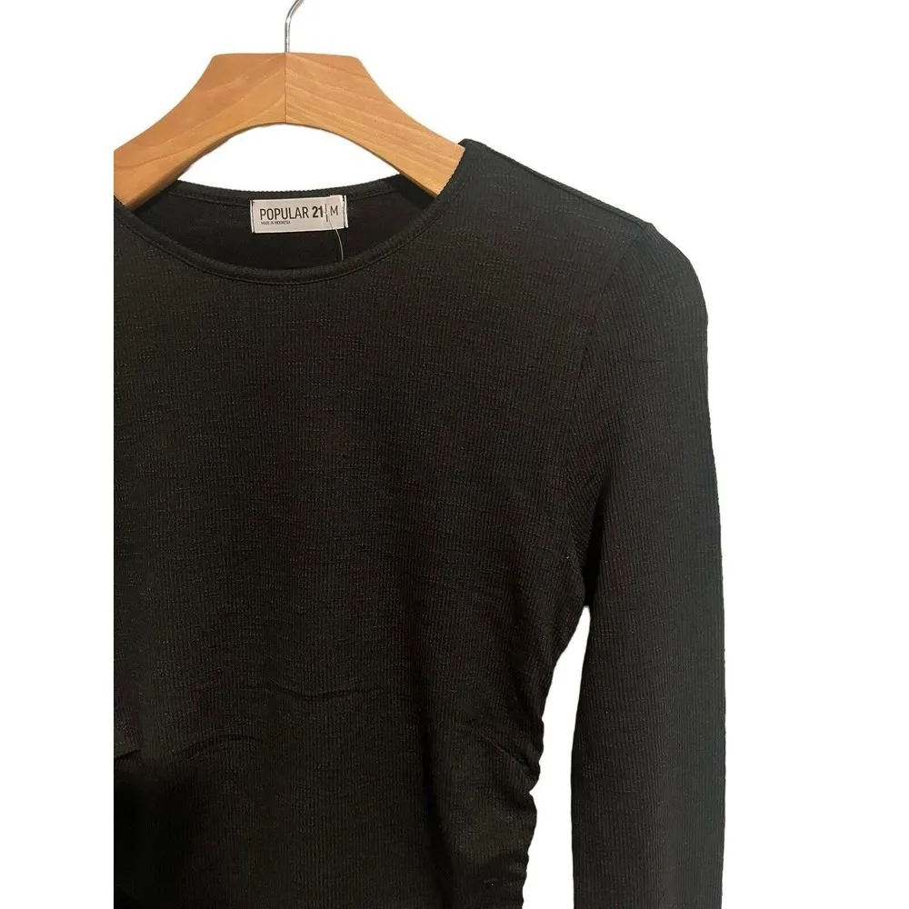Popular 21 Top Womans XL Black Rouched Shirt Long Sleeve Ribbed Knit NEW - Image 3