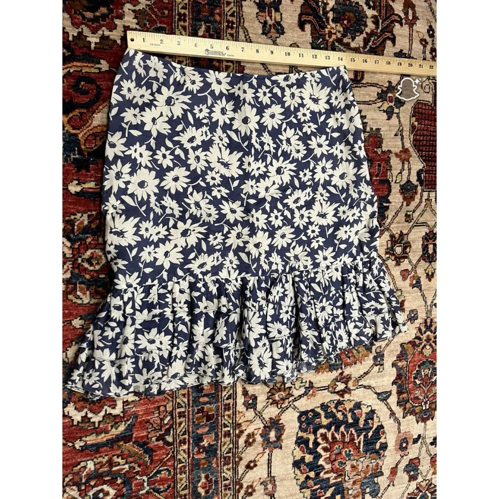 Ralph Lauren Collection Linen Blue White Floral Ruffle Hem Size 8 Made in USA - Image 5