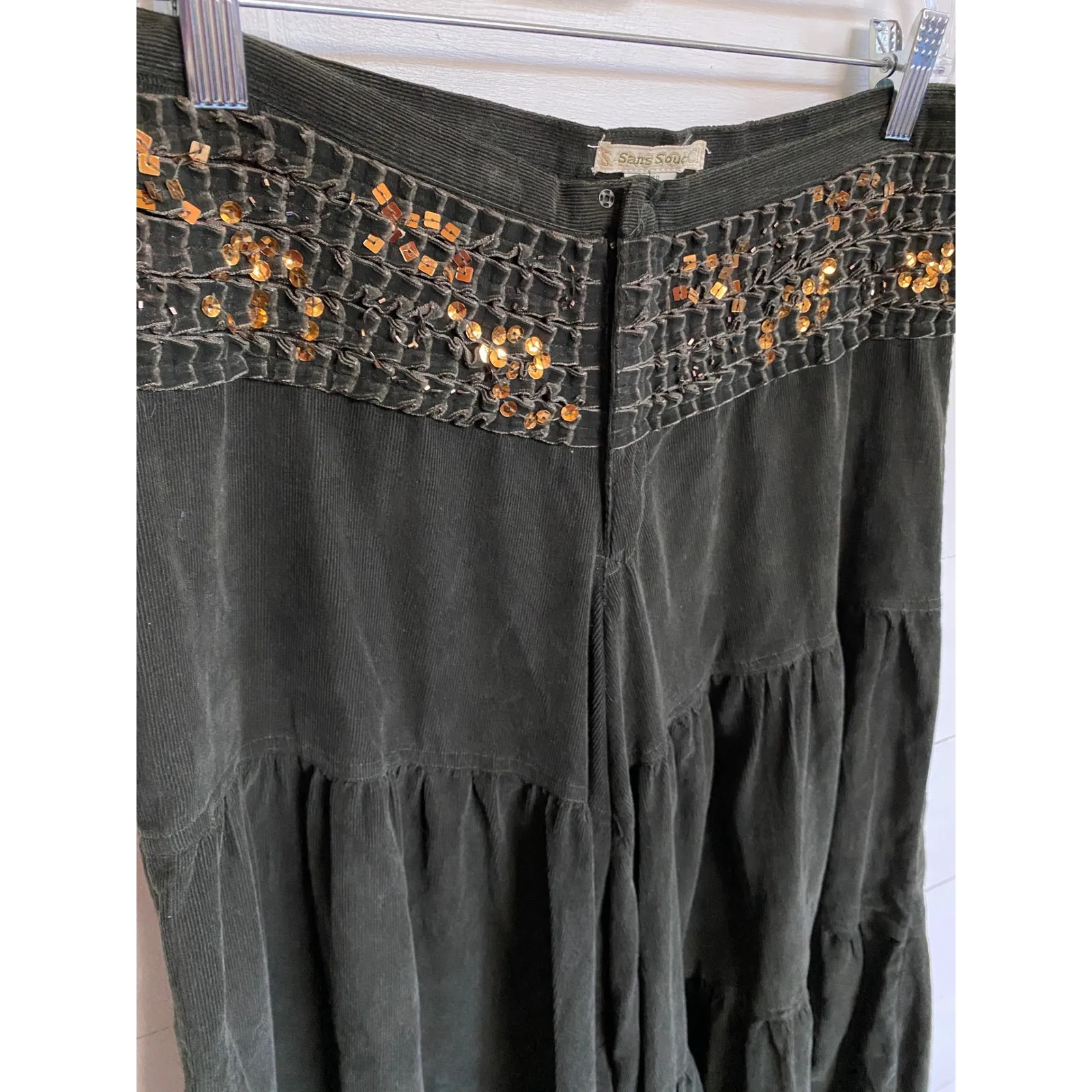 Sans Souci Women's Green Exaggerated Wide Leg Harem Pants Sequin Waistband - S - Image 4