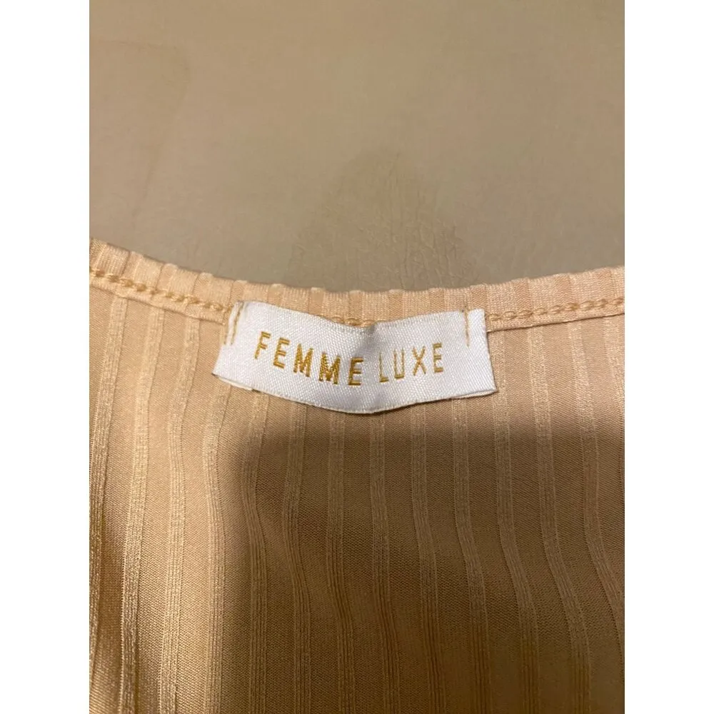 Femme Luxe Ribbed Beige Lounge Set M V Neck Top Long Sleeves Elastic Waist Pants - Image 2