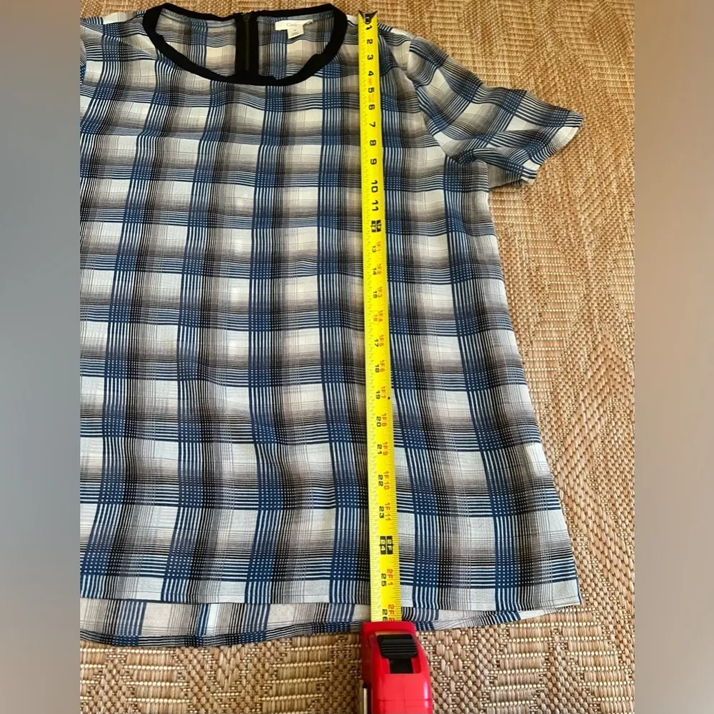 Women's Blue Plaid Sheer Short Sleeve Top,Black Lined Collar, Size M - Image 7