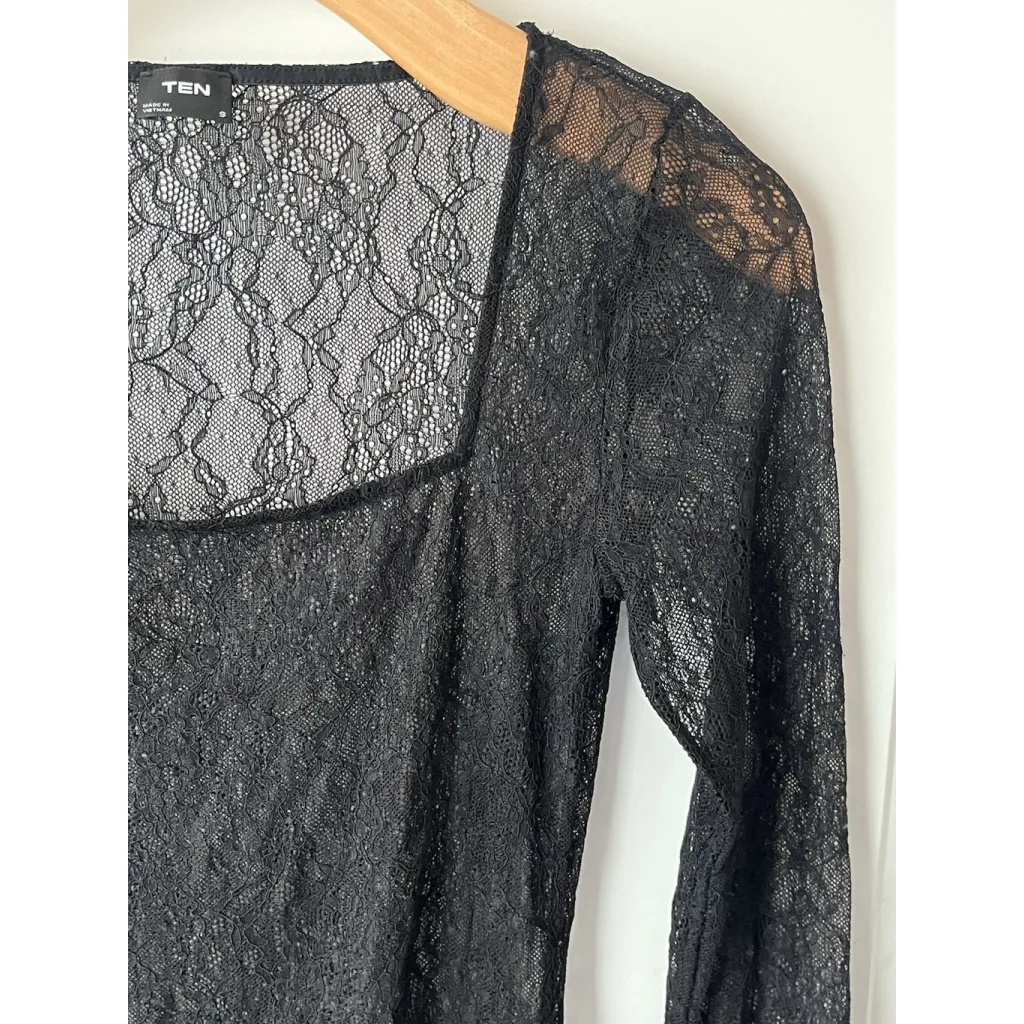 TEN By Aritzia Lace Bodysuit Top Womens S Black Long Sleeve Snap Square Neck - Image 3