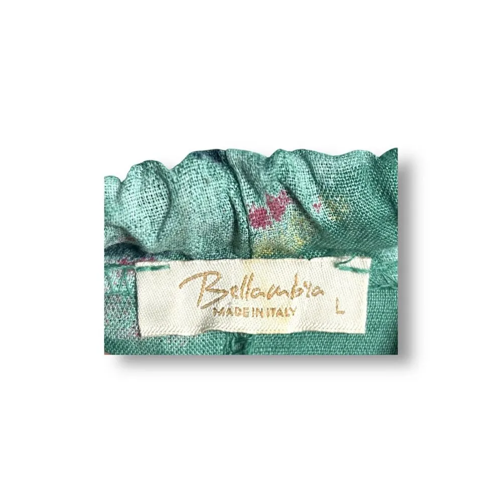 Bellambra Linen Midi Dress Green Floral Boho Art to Wear Italy‎ Bow Tie Womens L Size L - Image 5