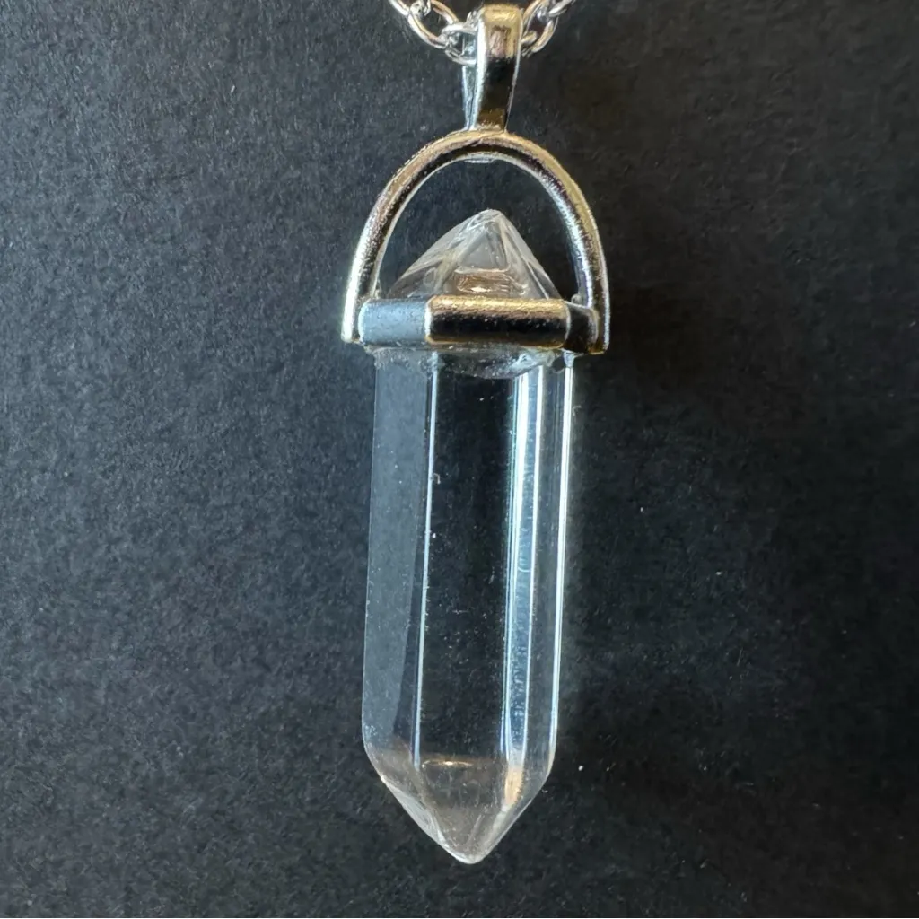 Clear Glass Crystal Point Necklace – Silver Tone Chain – Boho, Witch - Image 3