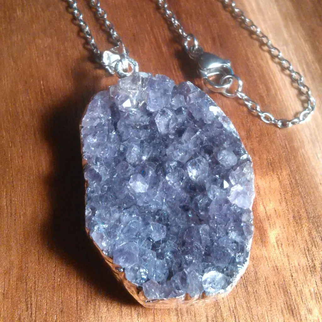 Amethyst Geode Silvertone Pendant Necklace - Image 2
