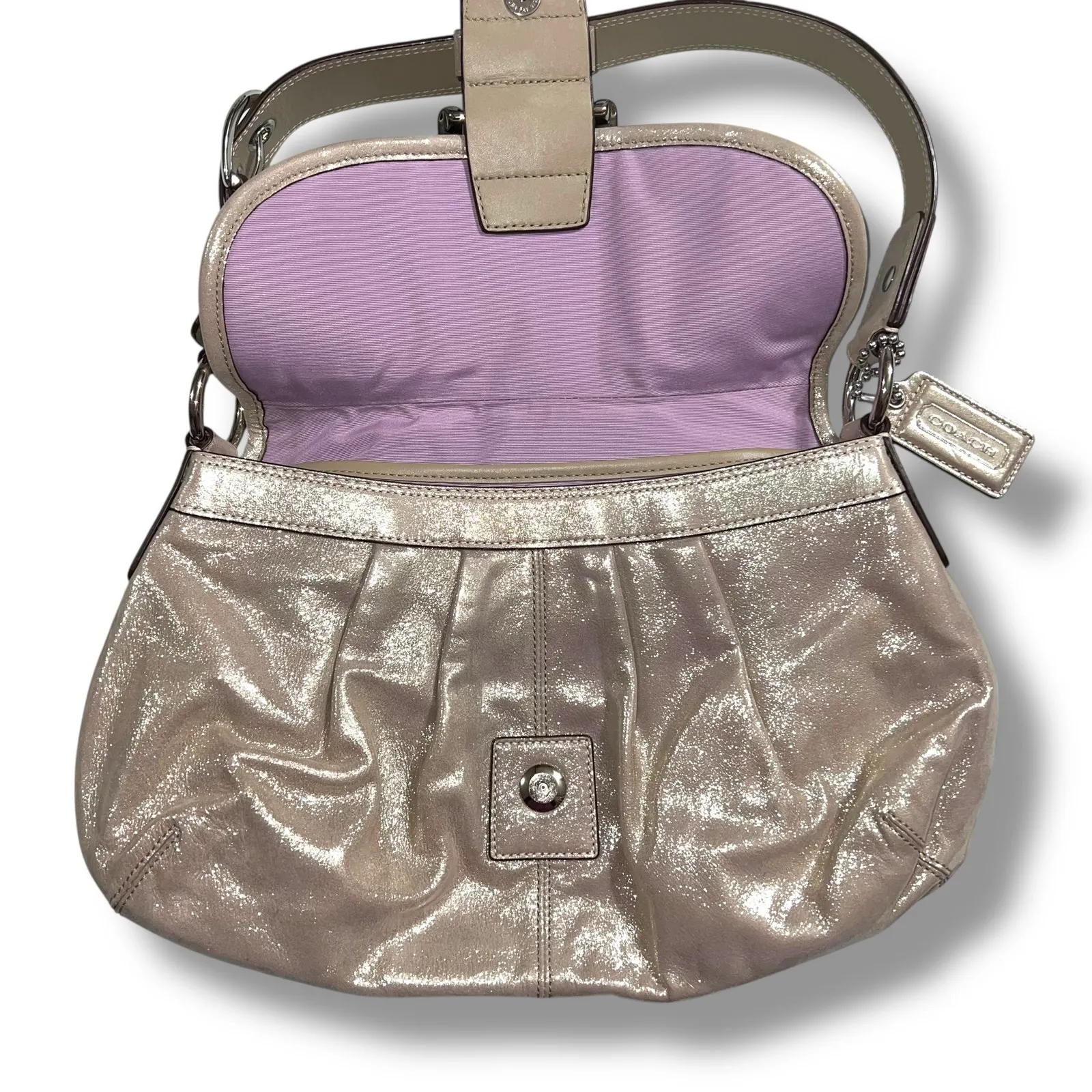 Coach Soho Y2K 1990s Pleated Leather Sufflette Bag Flap Buckle Champagne F15204 - Image 7