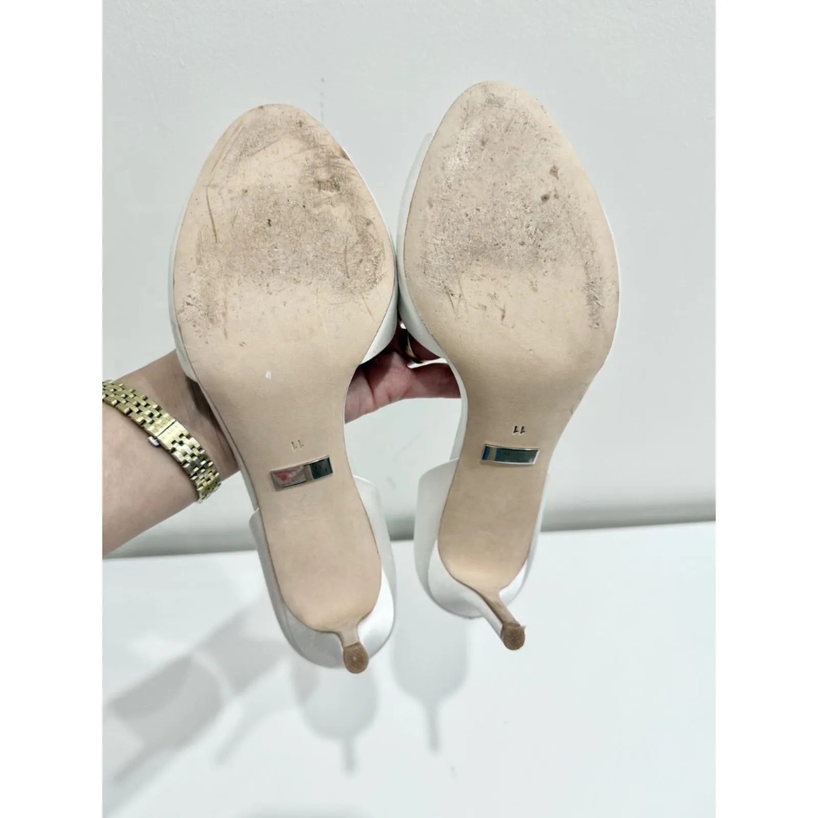 Badgley Mischka Dana Satin Crystal Peep Toe D'Orsay Heels White Women's Size 11 - Image 6