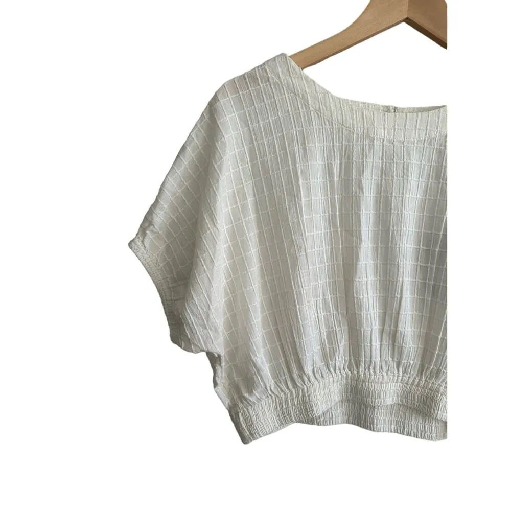 Faherty Cala Windowpane Short Dolman Sleeve Cropped Crew Neck Ivory Top Large - Image 5