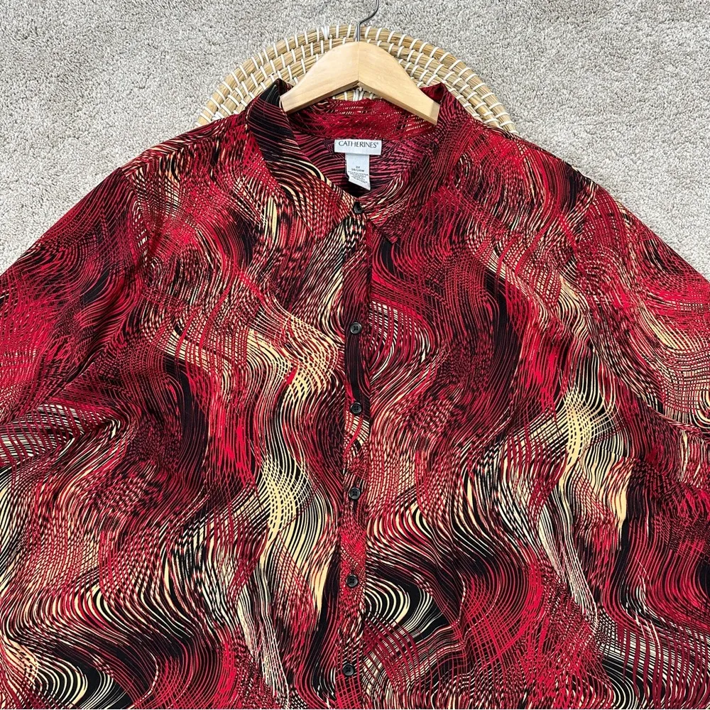 Catherines Collared Button-Up Top Blouse Asymmetric Artsy Boho Red Plus Size 3X - Image 5