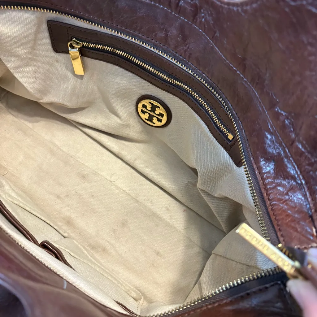 Tory Burch Bombe Large Logo Leather Tote Espresso Brown Chocolate Mocha Vintage - Image 14