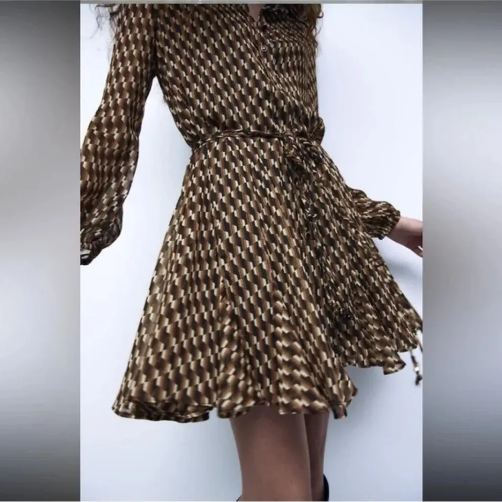 Zara Brown Gold Geometric Print Ruffled Long Sleeve Button Down Belted Dress S - Image 8