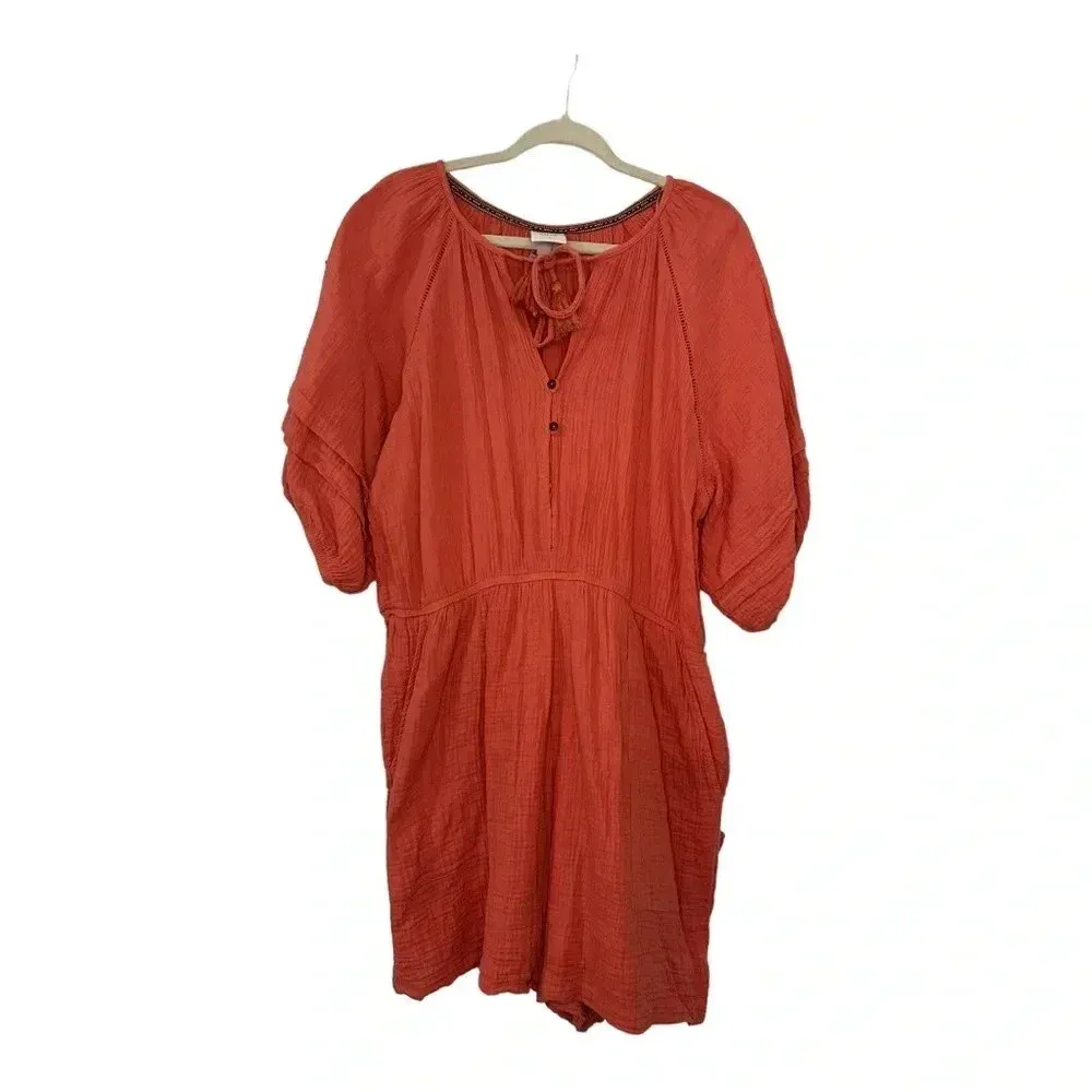 Knox Rose Peach Gauze Puff Sleeve Short Romper // Size XXL - Image 2