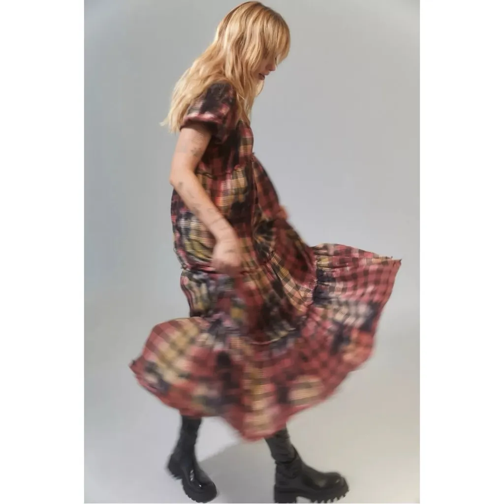 Urban Outfitters Grunge 90s Distressed Plaid Fantine Tiered Midi Dress Medium - Image 3