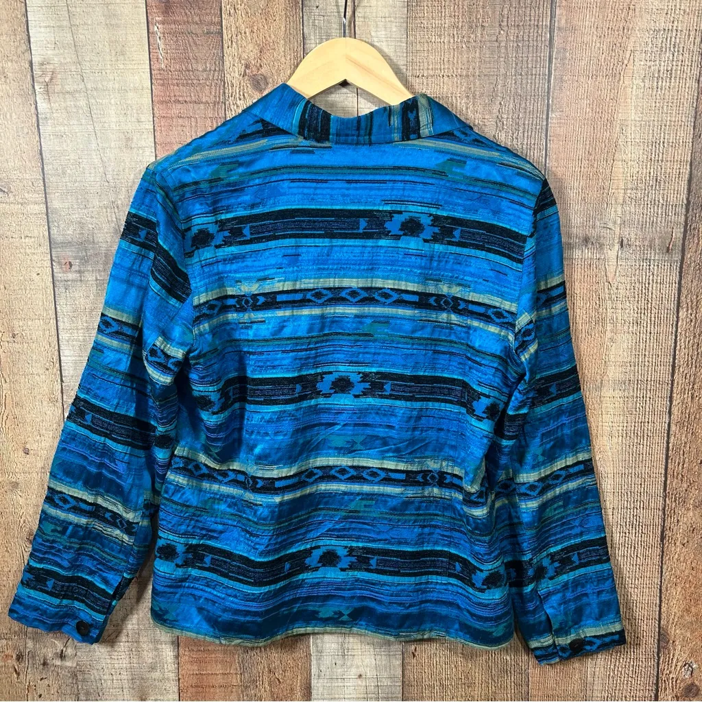 Chico’s Silk Aztec Jacket Size 1 Medium Blue Tribal Boho Blazer Art to Wear - Image 4