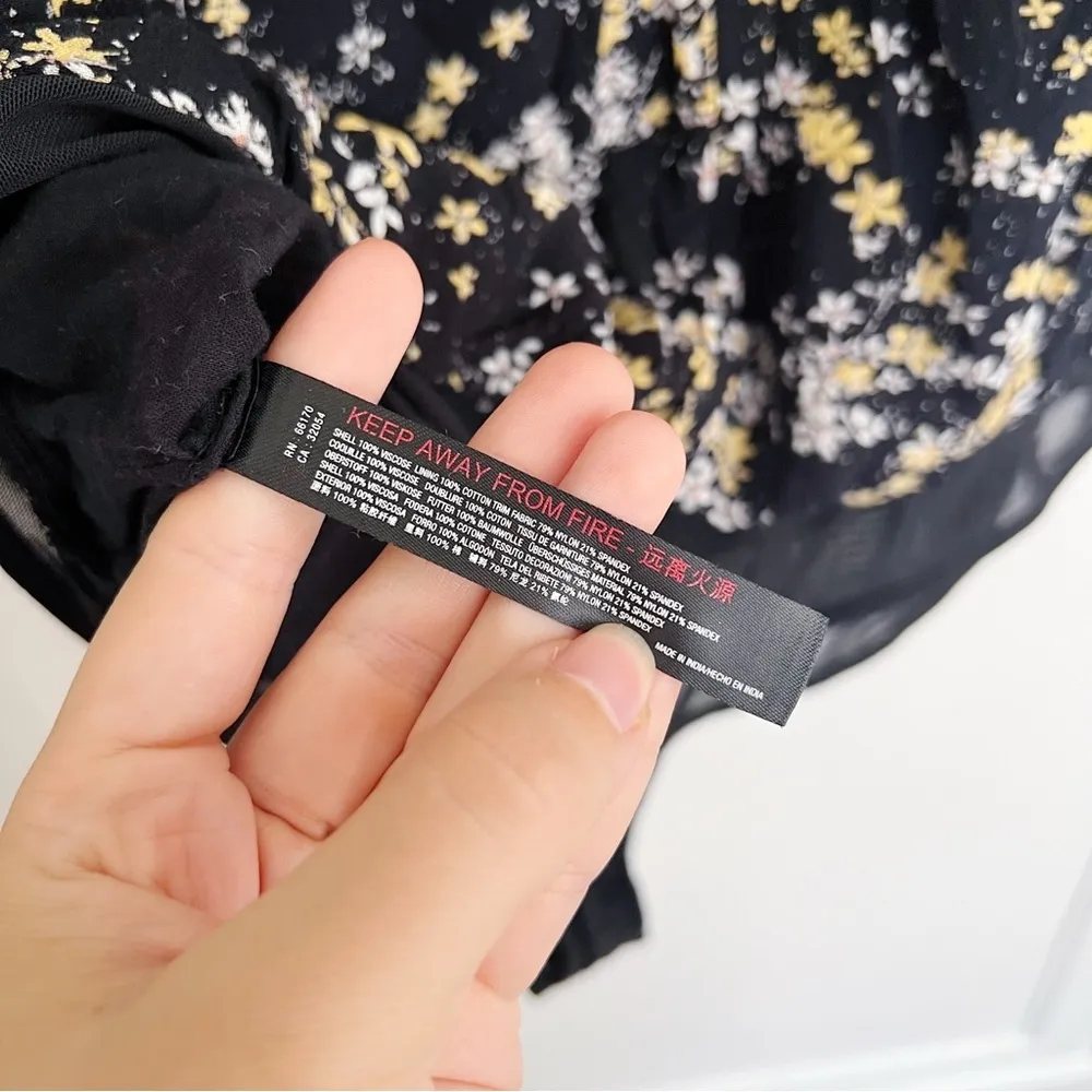 Free People • Dessa Bodysuit blouse black floral pleated yellow white flowers - Image 12