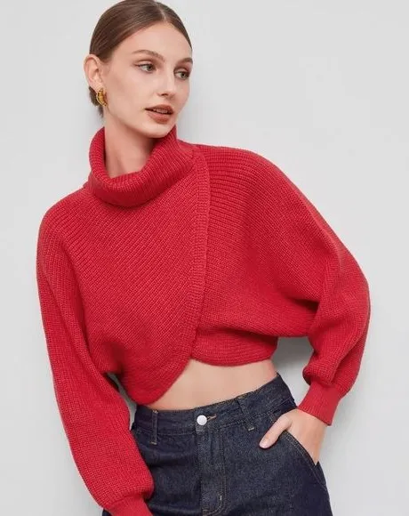CIDER Cropped Women’s Turtleneck L/S Sweater Chunky Knit Pullover Red 2X - Image 1