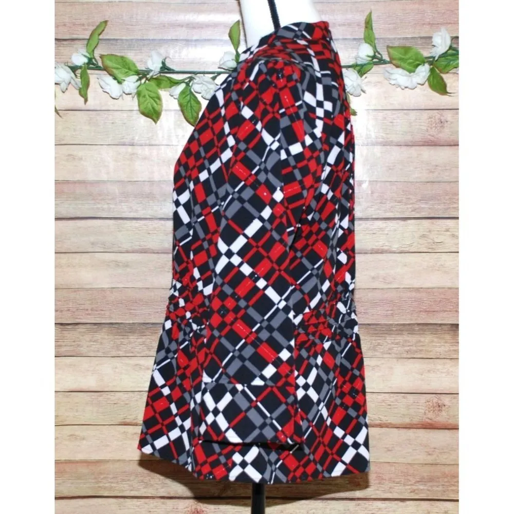 Covington Red Argyle Pattern Button Up Blouse Size L V-Neck Pleated Metallic - Image 4