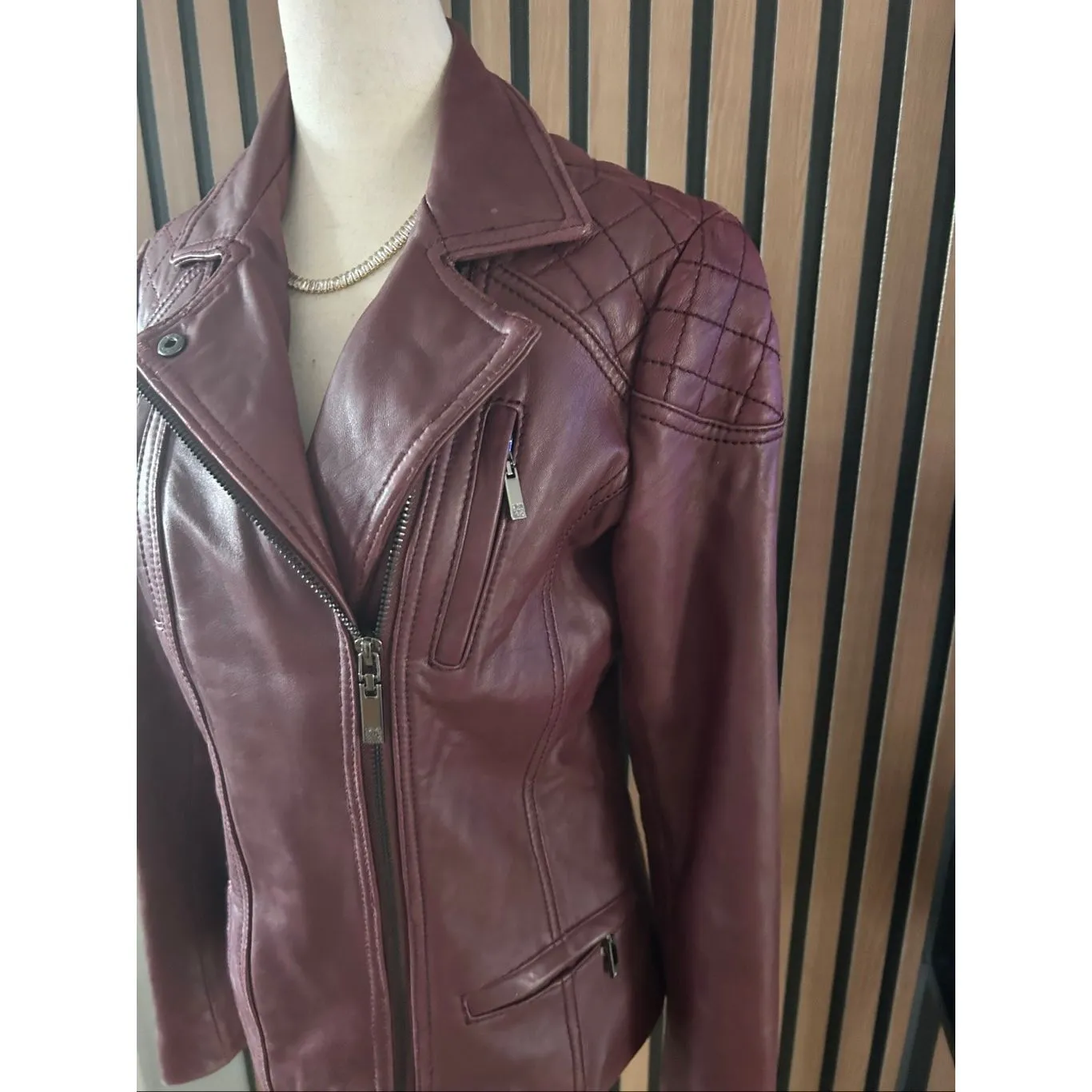 Anne Klein Women's Genuine Real Leather Soft Burgundy Jacket Moto Biker Jacket S - Image 2