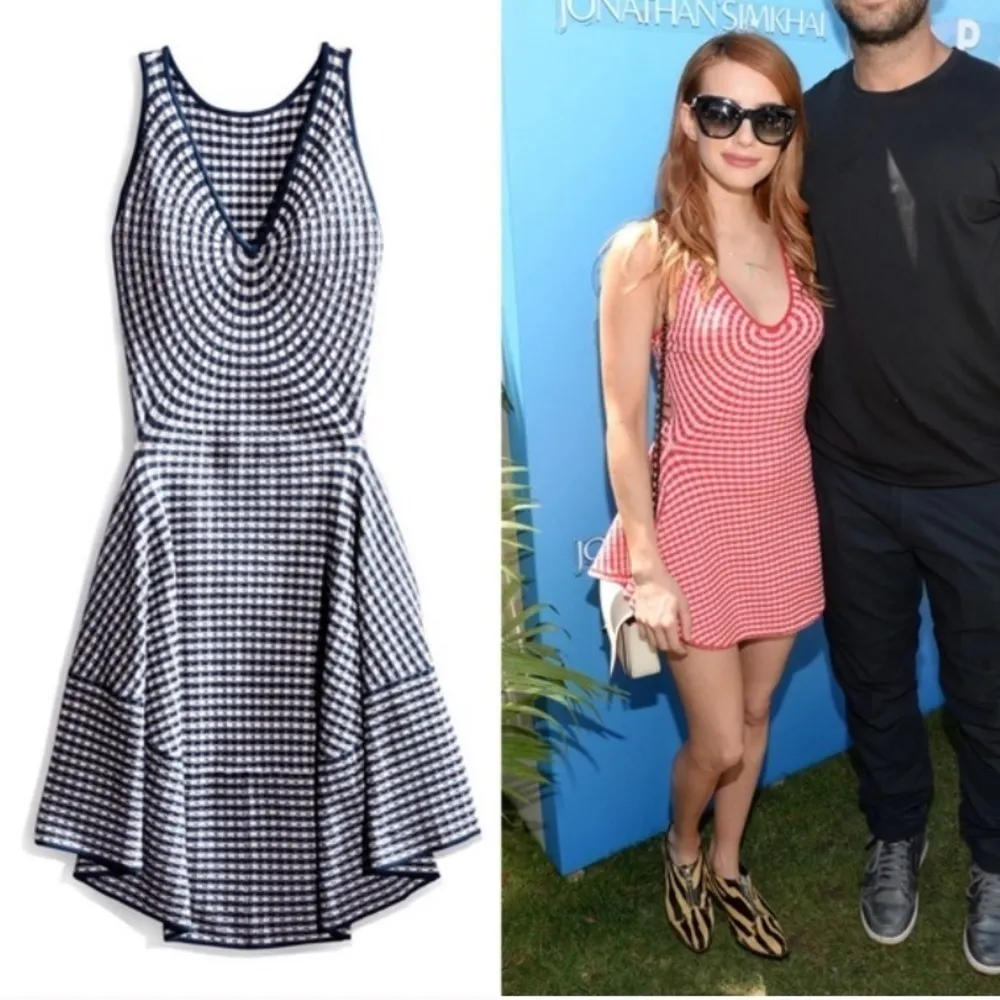 Jonathan Simkhai radial gingham fit and flare white and blue dress - Image 3