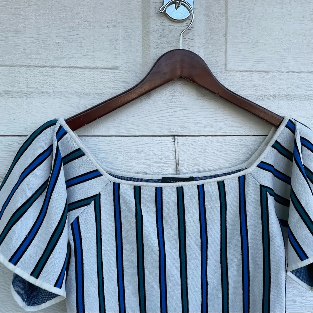 Ann Taylor Womens Shirt Stripe Off The Shoulder Blue Green Flutter Sleeve Large - Image 4