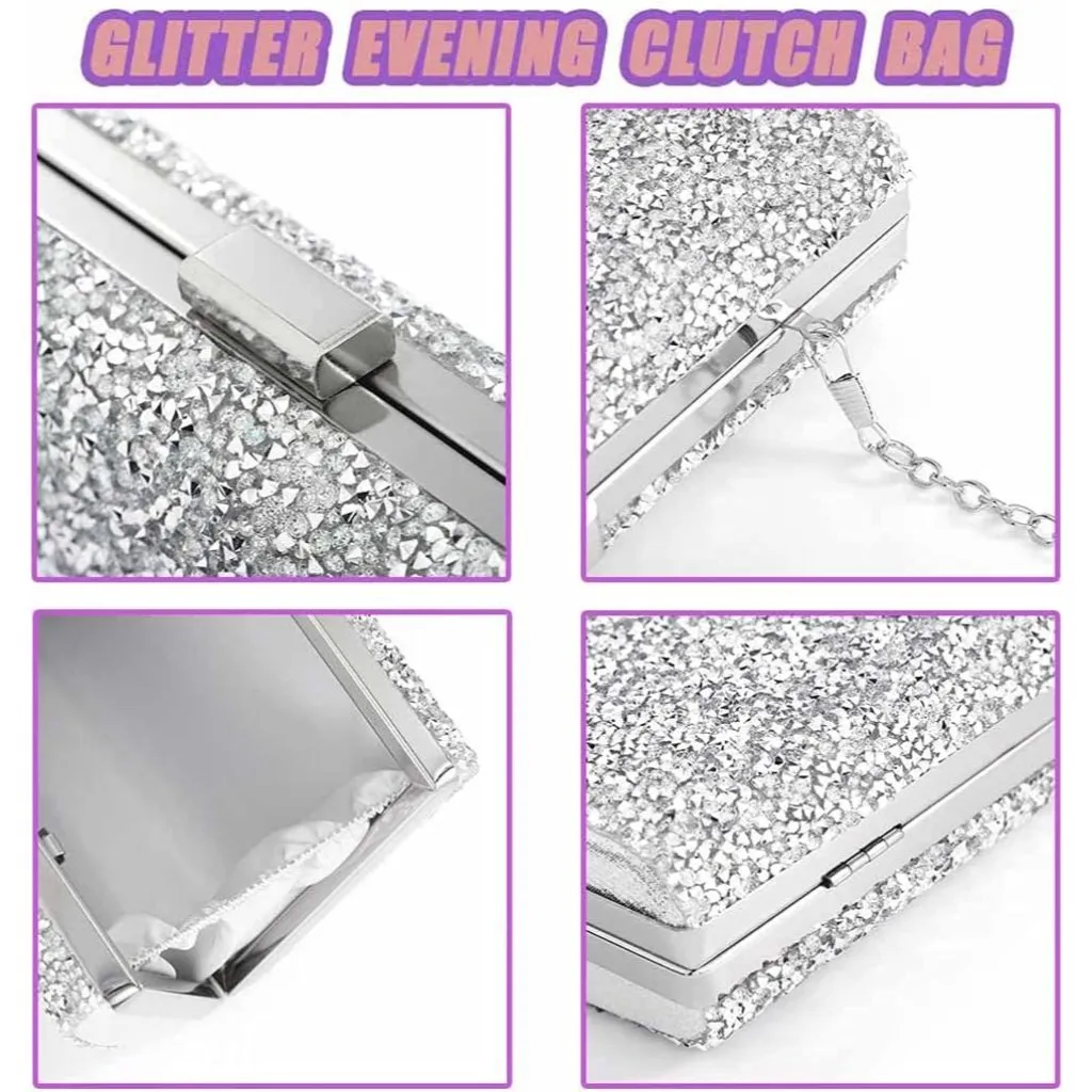 ⚡ Women's Glitter Double Sided Diamond Evening Clutch Crossbody Silver Bag - Image 2