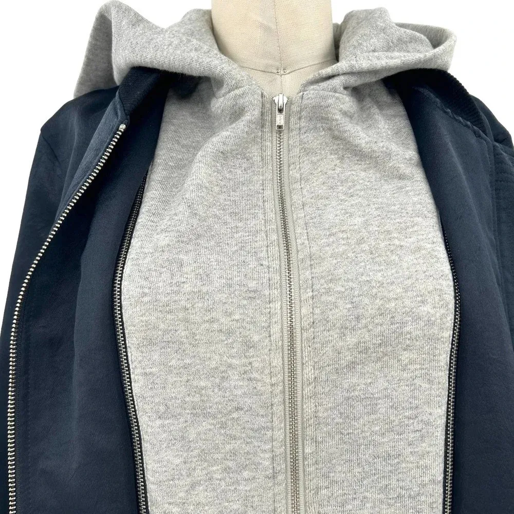 ALC A.L.C. Edison Bomber Jacket Zip Up Hoodie Layered Satin Blue Gray Size Large‎ - Image 8