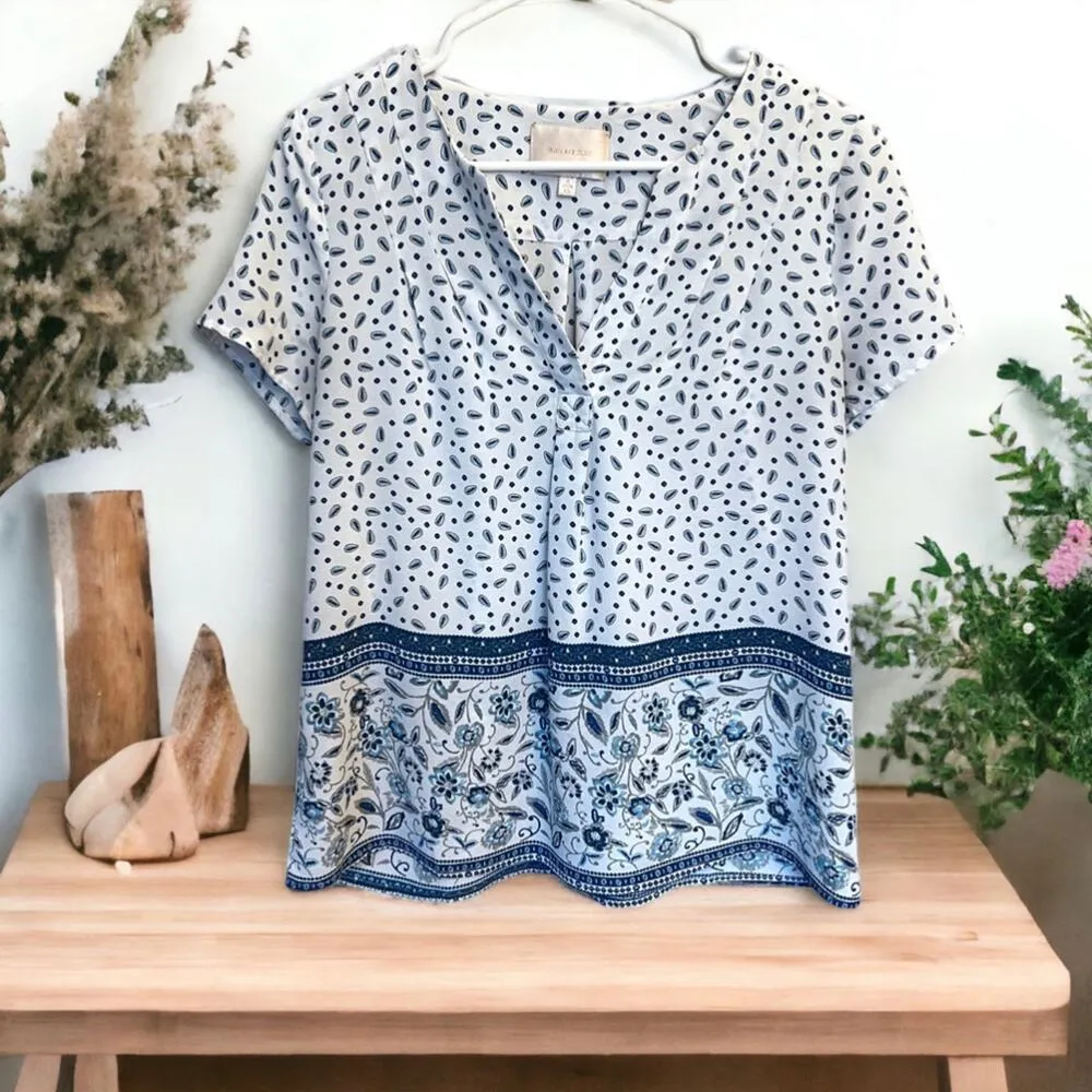 Womens Skies Are Blue Blue White Print Boho Flowy Lightweight Blouse Size XS - Image 2