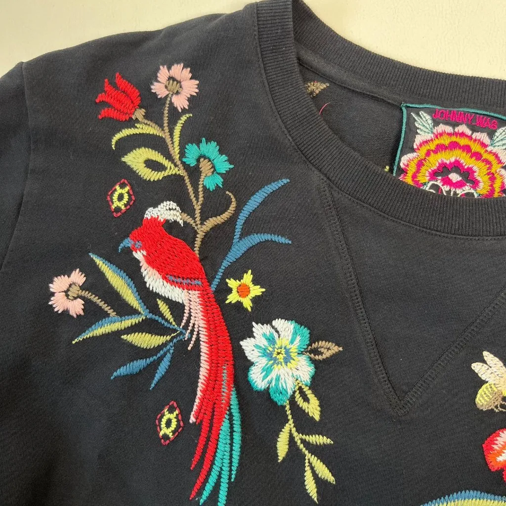 NWOT Johnny Was Embroidered Floral Butterfly Bird Pullover Black Sweatshirt Sz S - Image 10