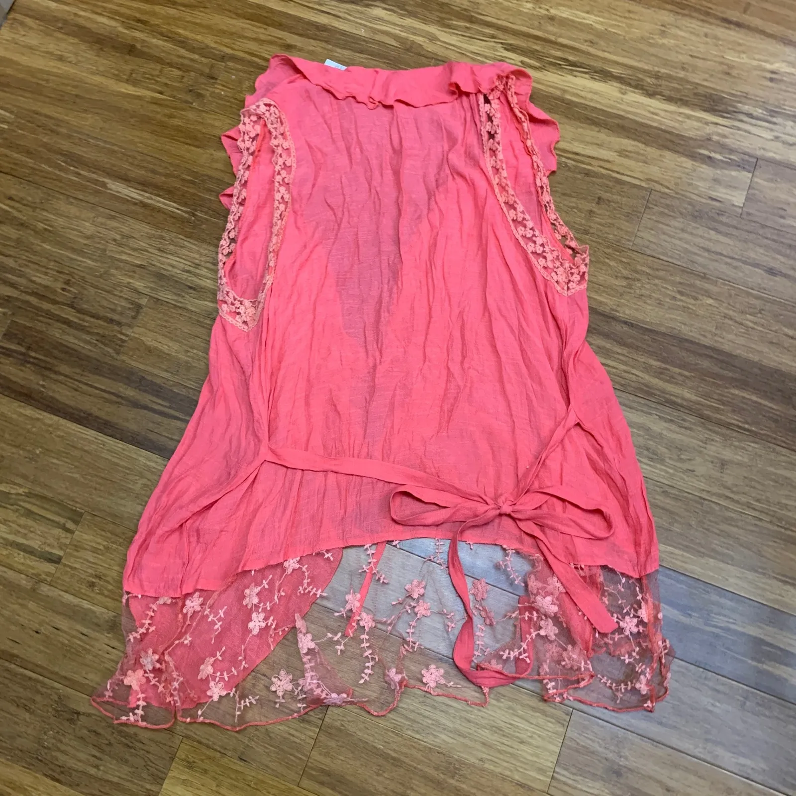 Forgotten Grace Coral Pink Lace Floral Trim Ruffle Vest Plus Size 3X Boho Sheer - Image 5