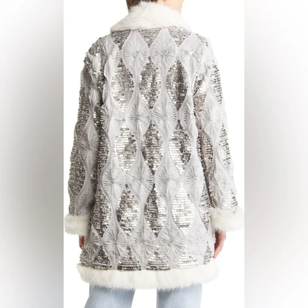 NWT Band of the Free Boho Sequin Faux Fur Open Front Jacket Size XS Gray - Image 2