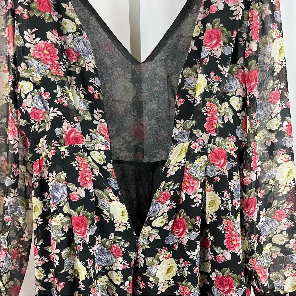 B_envied Large Rose Floral V Neck Sheer Sleeve Mini Skirt Formal Pleat Flowy - Image 5