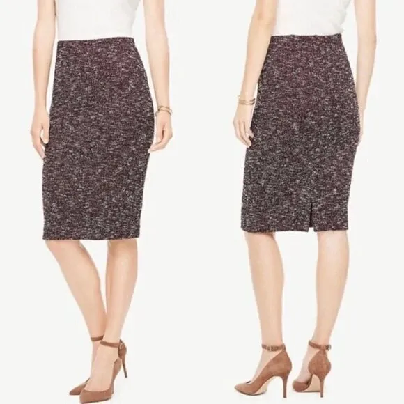 ANN TAYLOR Factory Burgundy Maroon or Plum White Tweed Work Pull On Pencil Skirt - Image 2