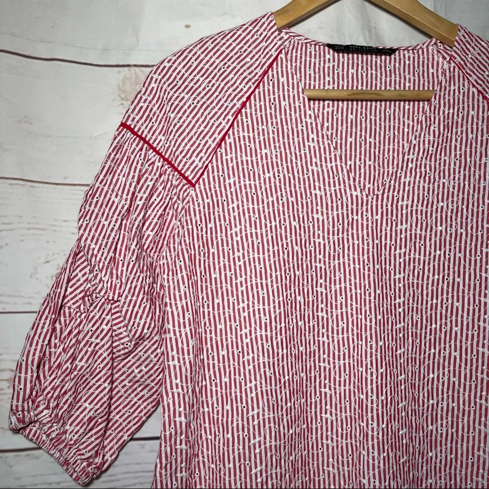 Zara • Basic • Mini Dress • XS • Red & White • Embroidered Floral • Ruched Dress - Image 9