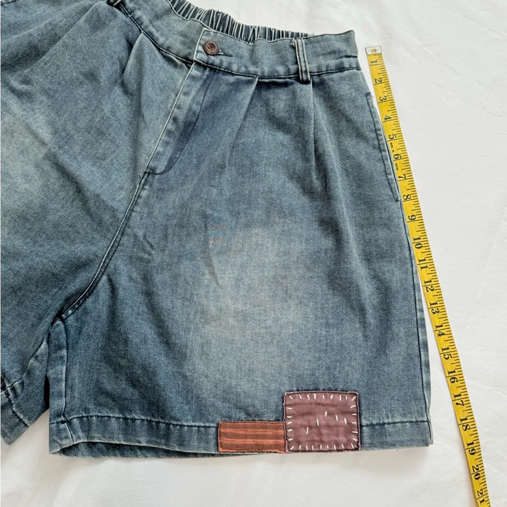 Vintage Denim Shorts for Women Size M High Waist Loose Fit with Front Pleats Blue Size M - Image 16
