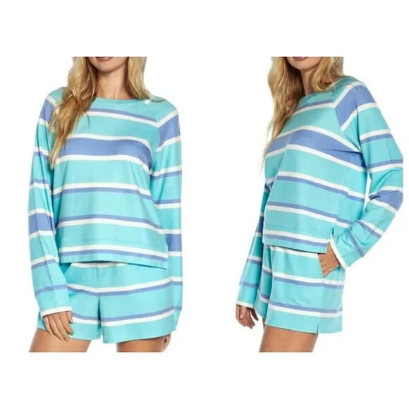 WILDFOX Blue Stripes Super Soft Sweatshirt & Short Lounge Co-Ord Sets - Image 2