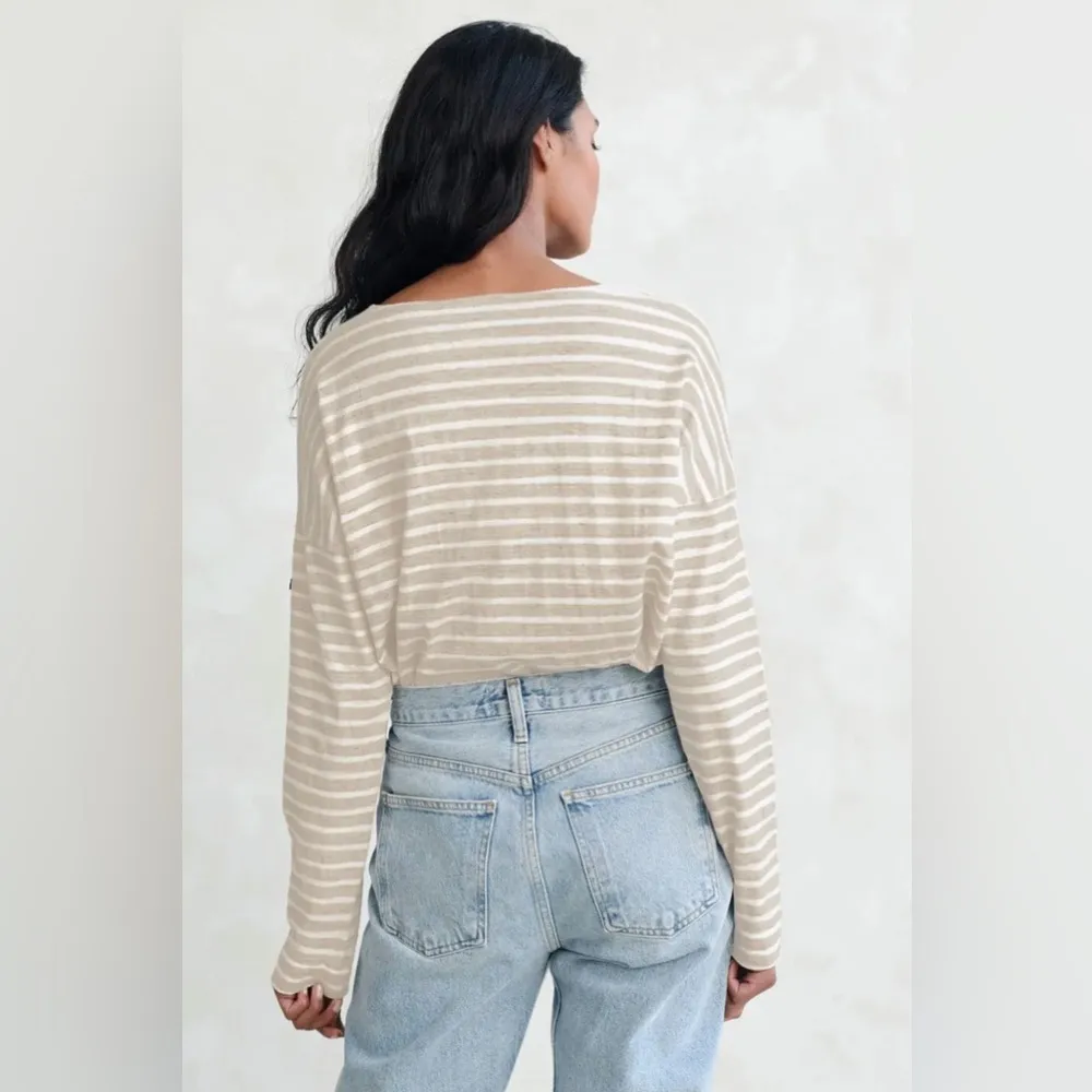 Saint James x Jenni Kayne Rue Drop Shoulder Linen Long Sleeve Tee Oatmeal Stripe - Image 4