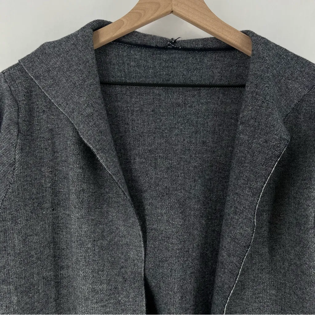 Blue Soft Knit Raw Edge Open Front‎ Hooded Longline Sweater Jacket Minimalist - Image 2