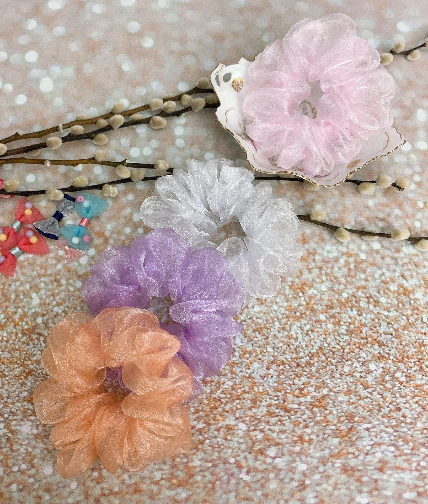 Peach Crystal Organza Scrunchie Orange - Image 5