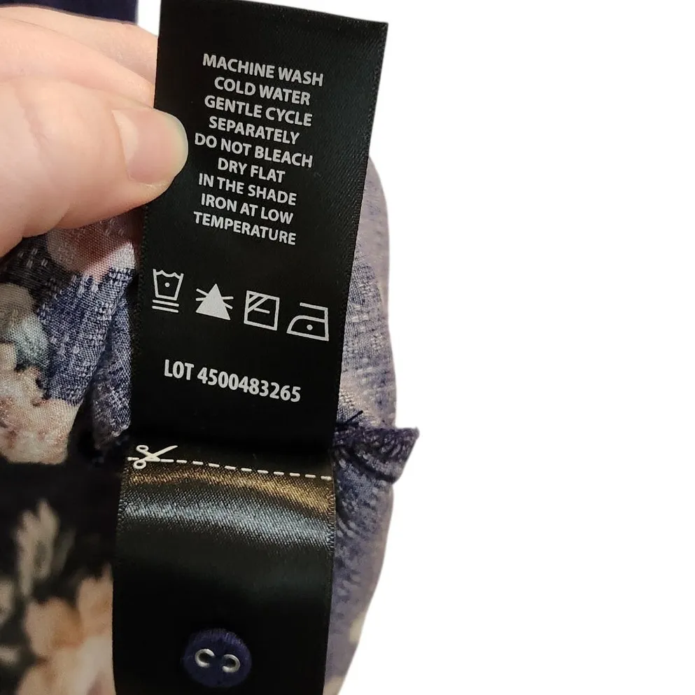 Buffalo David Bitton Blue Floral Tie Neck Button Front Blouse Casual Top Medium - Image 8