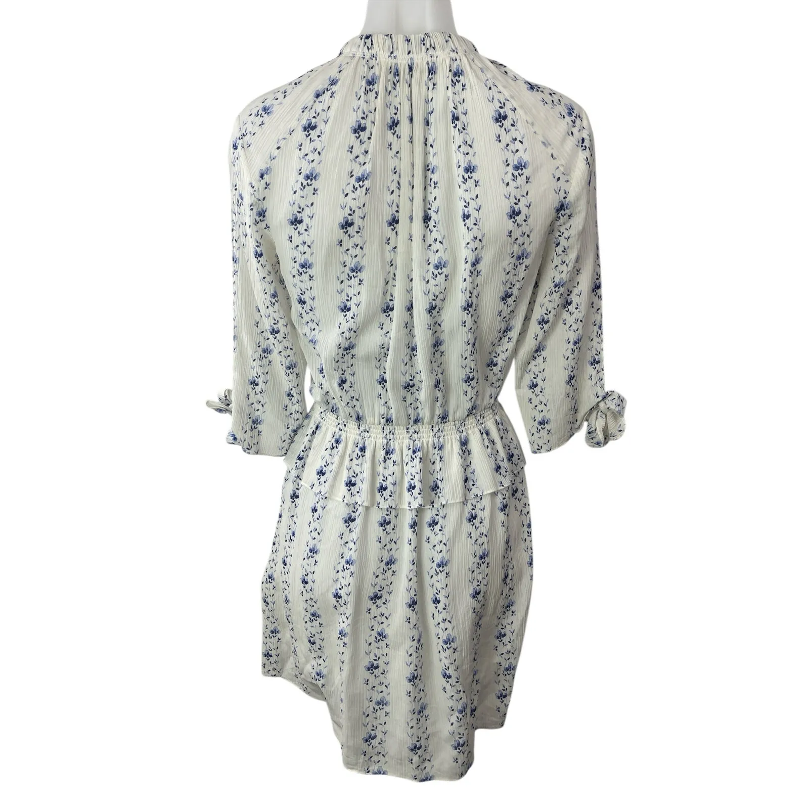 Club Monaco White Blue Silk Floral Mock Neck Long Sleeve Mini A-Line Dress Sz 0 - Image 2
