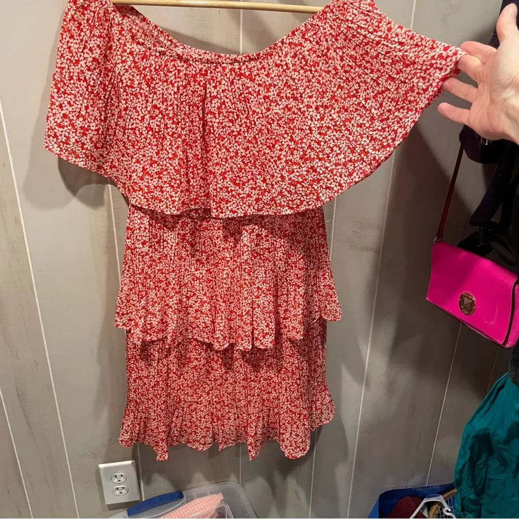 Cute red white fiesta floral ruffle crinkle mini dress off the shoulder fun - Image 8