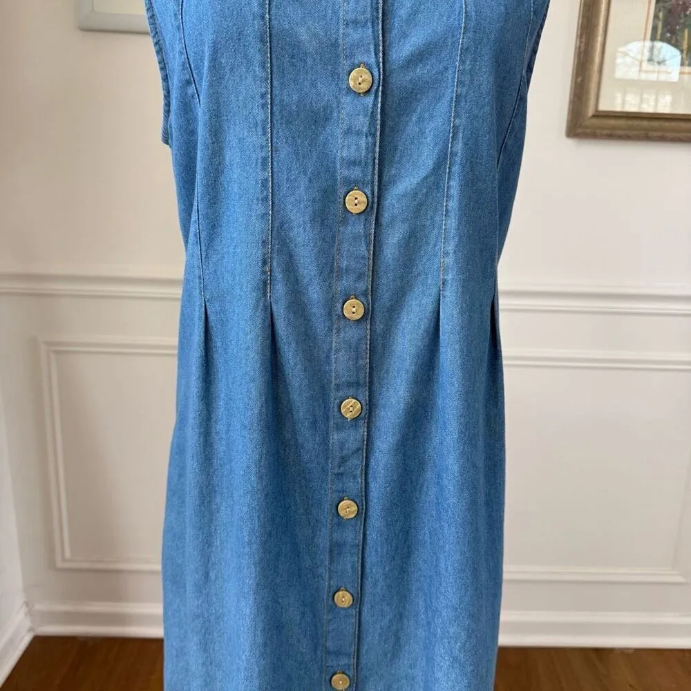 Vintage 90s 220 Hickory Blair Chambray Denim Button Front Maxi Dress Embroidery Blue Size M - Image 4