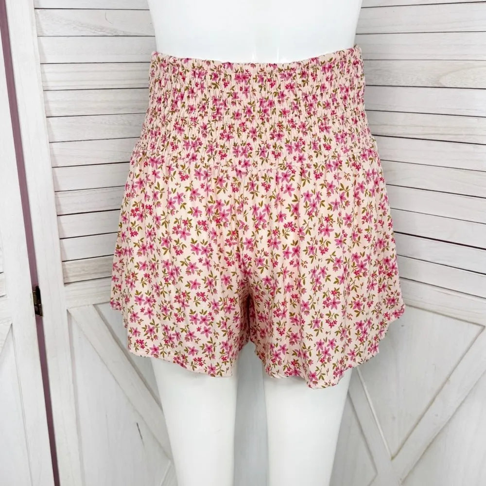 Soho Lady Floral Smocked High Waist Skort Shorts Pink Medium - Image 4